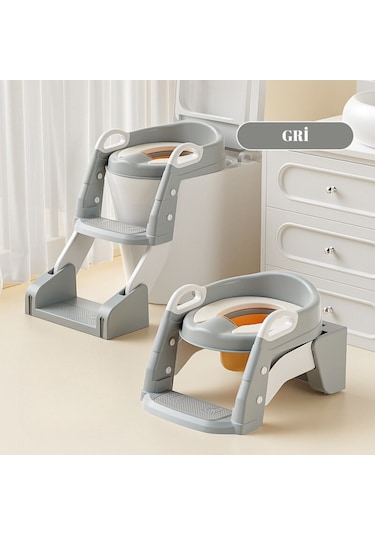 Çocuk Tuvalet Eğitimi Katlanır Klozet Adaptörü ve Lazımlık Gri