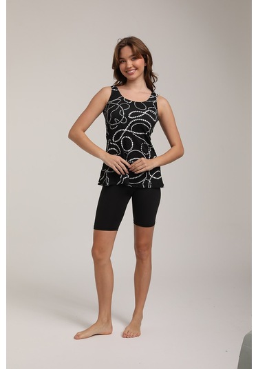 Chelly Kadın Desenli Askılı Taytlı Tankini S 5700 Siyah Siyah