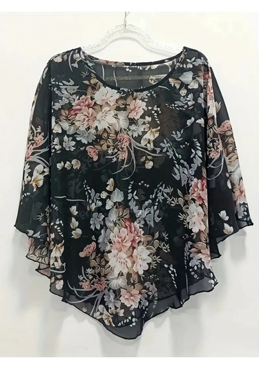 Modasize Kadın Kısa Kollu Yuvarlak Yaka Çiçek Baskılı Asimetrik Kesim Şifon Bluz Siyah