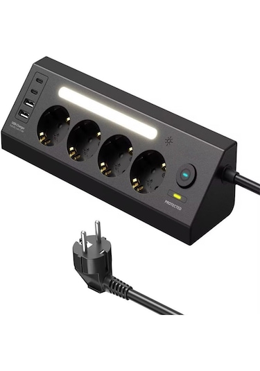 Led Işıklı 4 Lü Priz 2 Usb 2 Type-c Girişli Akım Korumalı Anahtarlı Masaüstü Priz 1 - 3 M