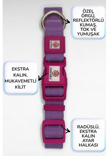 Caramelos Reflektörlü Köpek Tasması, Kişiye Özel Köpek Tasması. Büyük Ive Orta Irk Köpek Tasması Ll Lila