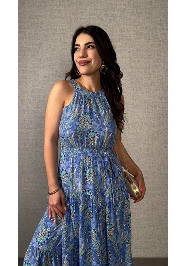 The İstanbul Kadın Omuzlardan Açık Boyundan Geçmeli Desenli Süprem Bluz Mavi