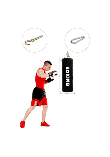 70 Cm x 25 Cm Hazır Dolu Boks Kum Torbası + Tavan Askı Kancası Siyah