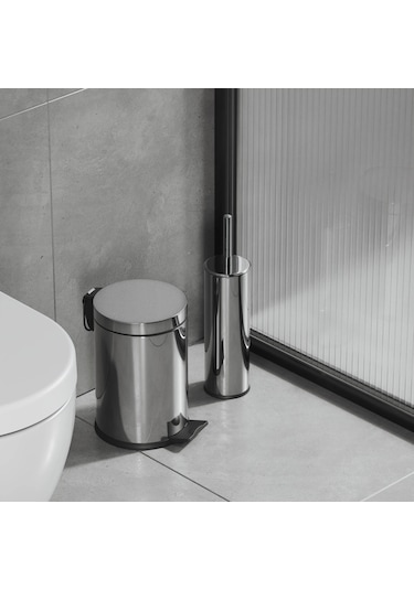 Aqua Bagno Basic Set - Klozet Fırçası + Çöp Kovası 3 L, 2 Parça, Parlak Krom Paslanmaz krom