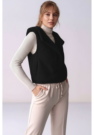 Kadın Önü Çıtçıtlı Kapüşonlu Yan Cepli Tasarım Yaka Spor Şık Crop Peluş Yelek Mavi