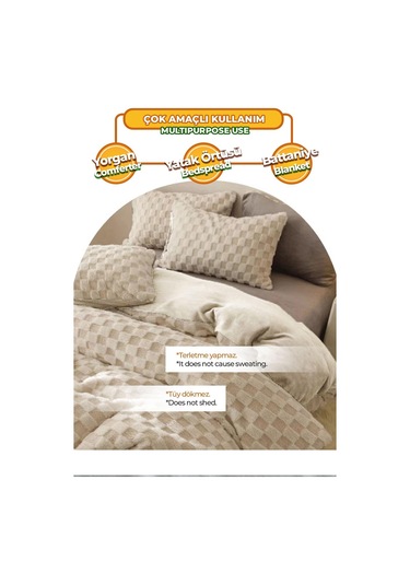 Evlen Home Çift Taraflı Kişilik Kürk Yorgan Uyku Seti Yumuşak Dolgulu Yatak Örtüsü 3 Parça Polo Krem