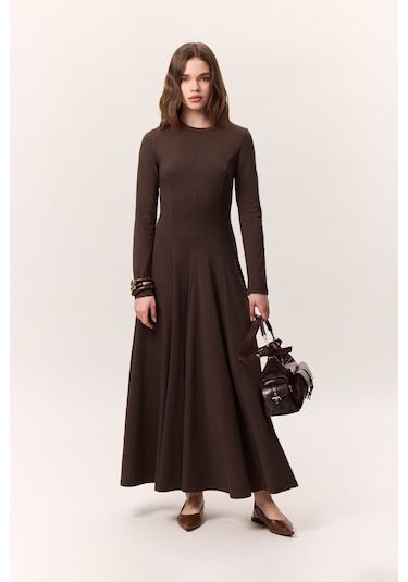 Kuplu Uzun Kollu Elbise Kahverengi Kahverengi