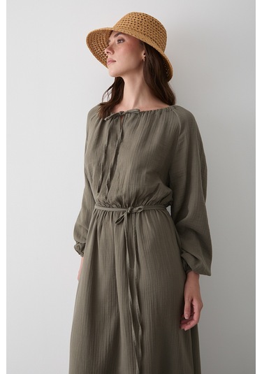 Çağla Bağlama Detaylı Müslin Elbise - 2004 Çağla