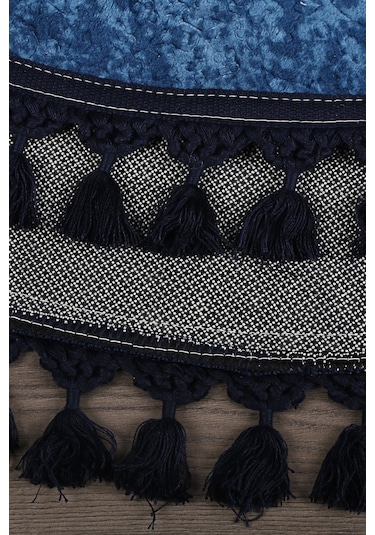 Nova Lacivert Yuvarlak 100x100 Cm Ponpon Saçaklı Kaymaz Tabanlı M Çok Renkli