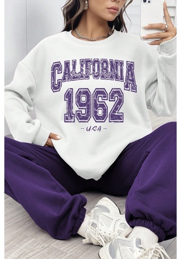 Modagen Unisex Mor Beyaz Bisiklet Yaka California Baskılı Alt-üst Eşofman Takımı Mor-beyaz