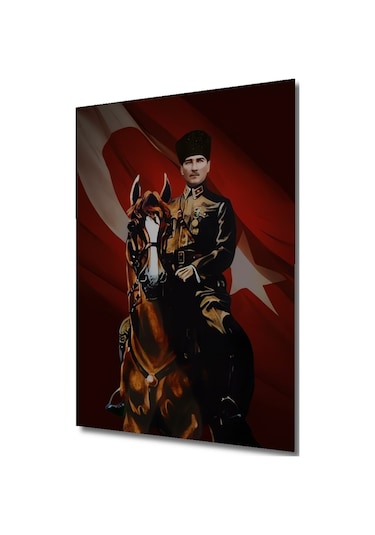 Mustafa Kemal Atatürk At Üzerinde Yağlı Boya Görünümlü Ahşap Dekoratif Tablo Uynkfrk63453