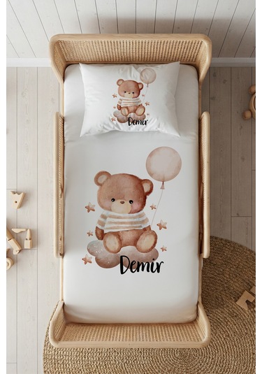 %100 Pamuk Saten İsme Özel İsimli 100x200 Tek Kişilik Lastikli Çarşaf Seti Balonlu Ayıcık Beyaz