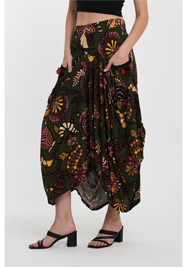 Schık Kadın Viskon Empirme Çiçek Baskı Bohem Stil Cepli Bel Lastikli Etek Haki