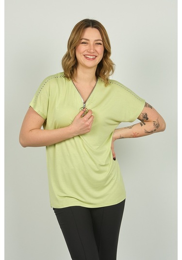 Ella Camelia Kadın Fermuarlı Kısa Kol Bluz 20e038 Limon
