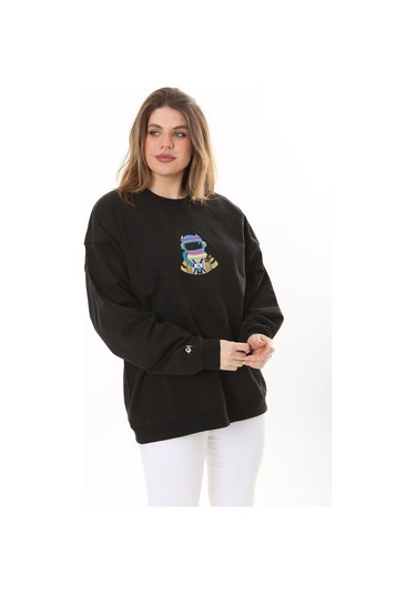 Kadın Büyük Beden Siyah Pamuk Kumaş Nakışlı Sweatshirt 65n37617-siyah Siyah