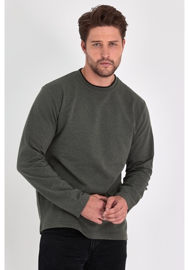 MMetalic Çift Bisiklet Yaka Standart Rahat Kesim Erkek Sweatshirt Haki Antrasit MMetalic Çift Bisiklet Yaka Standart Rahat Kesim Erkek Sweatshirt Haki Antrasit