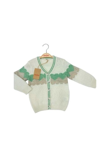 Kız Çocuk Kalp Desenli Düğmeli Kalın Hırka-13599 Yeşil