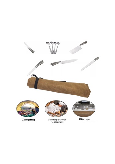 Geeksen 7 Bölmeli Yeşil Kahverengi Mürekkep Kumaş Bıçak Çantası - Taşınabilir, Katlanabilir, Kamp Ve Mutfak Gereçleri İçin Su Geçirmez Saklama Çantası Yeşil
