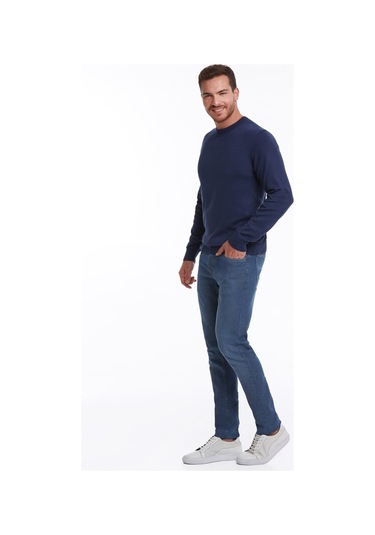 Hatemoğlu Erkek Regular Fit Pamuk Bisiklet Yaka Triko Kazak İndigo