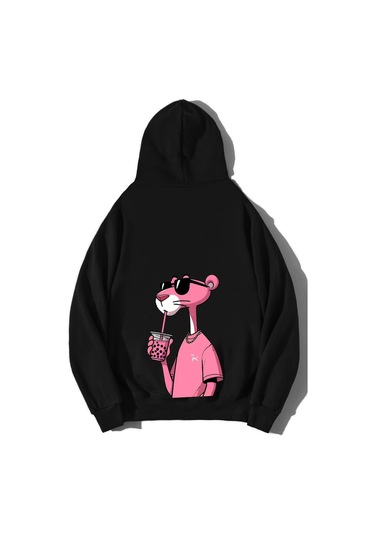 Brz Collection Unisex Oversize Pembe Panter Hoodie Siyah