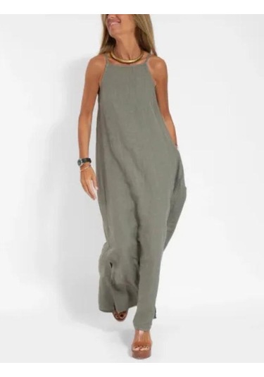 Bahar Ve Yaz Kadın Modası Rahat Pamuklu Yarık Askılı Elbise Siyah