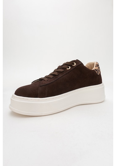 Gueno Kahverengi Hakiki Deri Süet Kadın Spor Ayakkabı Kahverengi