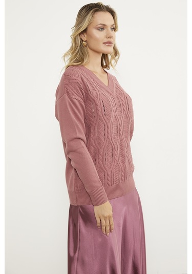 V Yaka Motifli Triko Kazak - Gül 001