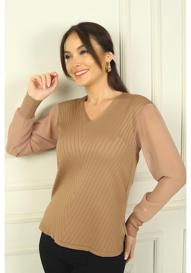 By Saygı Kadın Kolları Şifon V Yaka Kazak-39581 Bej