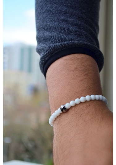 Beyaz Taşlı Gümüş Erkek Bileklik - B043601 Gümüş