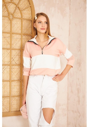 Kadın Uzun Kol Fermuarlı Polo Yaka Color Block Basic Salaş Sweatshirt Bluz 3471210 Pudra