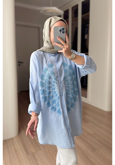 Kahijab Rose Boncuk İşlemeli Gömlek - Mavi