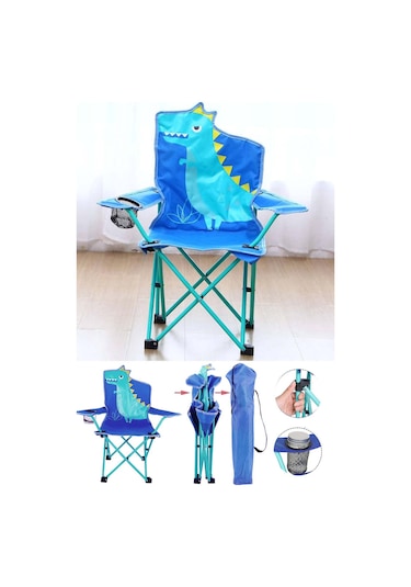 Katlanır Çocuk Kamp Sandalyesi Portatif Çantalı Kilitli Güvenlikli Kamp Koltuğu Dinazor HA098 Mavi