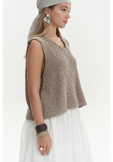 Mai Collection Mai Studios Co. Knitle Rahat Kalıp Triko Vizon Crop Vizon