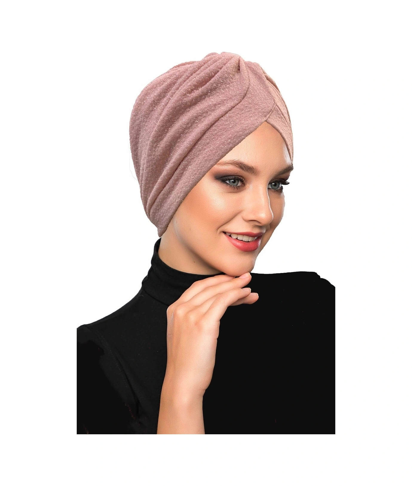 Çapraz Fukuro Simli Astarlı Pudra Hazır Türban Tesettür Abiye Bone Pudra