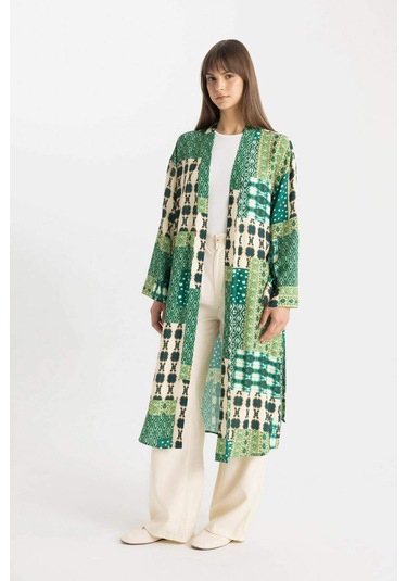Defacto Relax Fit Desenli Uzun Viskon Kimono C9688AX24SMKH461 Haki