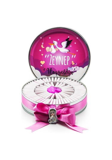 Nin Kız Bebek Çikolatası Metal Yuvarlak Kutu Pembe Leylek Baskılı 80 Adet Napoliten Çikolata