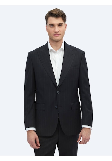 Siyah Çizgili Modern Fit Yün Karışımlı Takım Elbise Siyah