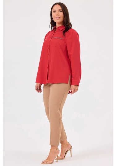 Galaxi Kadın Büyük Beden Taş Detaylı Düğmeli Gömlek 4020 Kırmızı Kırmızı
