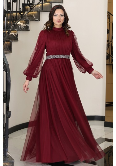 Alia Şık Taş Detaylı Büyük Beden Tesettür Abiye - Alya Bordo