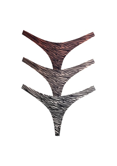 Basic Desenli Lazer Kesim Kadın Tanga Külot 3'lü Paket-1 Renkli-2 Çok Renkli