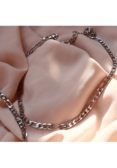 Saat Farkı Silver Figaro Model Çelik Unisex Kolye Ve Bileklik Set 2,5mm Silver