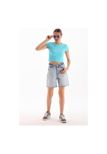 Kadın Likralı Kısa Kol Crop Bluz Turkuaz