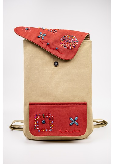 Fabric Craft Bag Sırt Çantası Kumaş Boho Nakışlı Koyu Bej - Bordo