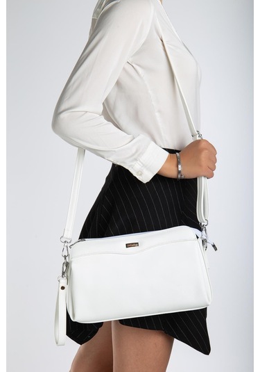 Kadın Portföy Cüzdan Çanta Beyaz 3 Bölmeli Uzun Kısa Askılı-3223 Beyaz