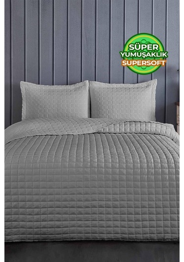 Evlen Home Joy Pamuklu Yatak Örtüsü Seti Çift Kişilik 3 Parça Elyaf Dolgulu Yumuşak Günlük Yıkanabilir Gri