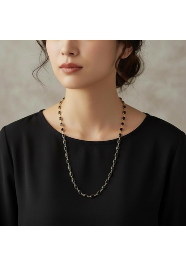 Kadın Siyah Taşlı Uzun Kolye -14k Gold - 70 Cm Çok Renkli