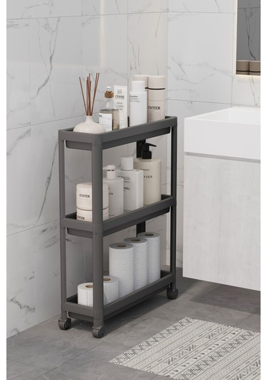 Mithra Life 3 Katlı Tekerlekli Slim İnce Siyah Banyo Mutfak Rafı Mıt1126 Siyah