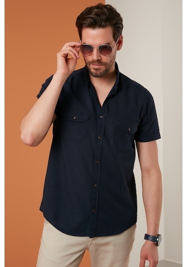 Buratti Düğmeli Yaka Pamuklu Slim Fit Cepli Erkek Gömlek Cf21S111153 Lacivert