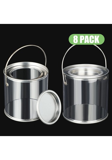 Xurunkeji Metal Kapaklı Ve Saplı Şeffaf Boya Kovası Dekoratif Şeffaf Plastik Kova Saklama Şeffaf Boya Kutusu 8'li Paket