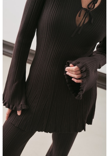 Volanlı Lastik Örgü Tunik Kahverengi Kahverengi